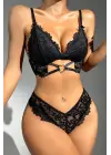 Omarı Siyah Kalp Detaylı Dantel İç Çamaşır Takımı