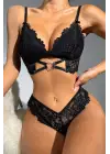 Omarı Siyah Kalp Detaylı Dantel İç Çamaşır Takımı