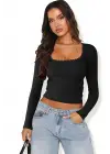 Omarı Siyah Dantelli Kollu Crop Top Bluz