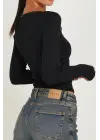 Omarı Siyah Dantelli Kollu Crop Top Bluz