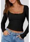 Omarı Siyah Dantelli Kollu Crop Top Bluz