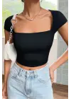 Omarı Etkileyici Siyah Yarım Kol Crop Top Bluz