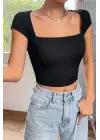 Omarı Etkileyici Siyah Yarım Kol Crop Top Bluz