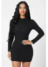Omarı Siyah Balıkçı Yaka Uzun Kollu Mini Elbise