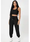 Kadın Siyah Kaşkorse Cepli Jogger Eşofman Altı ve Crop Top Bluz