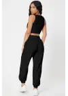 Kadın Siyah Kaşkorse Cepli Jogger Eşofman Altı ve Crop Top Bluz