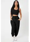 Kadın Siyah Kaşkorse Cepli Jogger Eşofman Altı ve Crop Top Bluz
