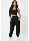 Kadın Siyah Kaşkorse Cepli Jogger Eşofman Altı ve Crop Top Bluz
