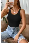 Omarı Siyah Kalın Askılı Uzun Crop Top Bluz