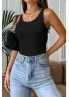 Omarı Siyah Kalın Askılı Uzun Crop Top Bluz