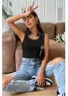Omarı Siyah Kalın Askılı Uzun Crop Top Bluz