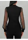 Kadın Siyah Kolu Tül Detaylı Yarım Balıkçı Kaşkorse Bluz 6160