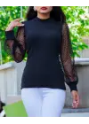 Kadın Siyah Kolu Tül Detaylı Yarım Balıkçı Kaşkorse Bluz 6160