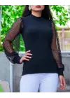 Omarı Siyah Tül Detaylı Kadın Yarım Balıkçı Kaşkorse Bluz