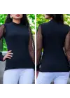 Omarı Siyah Tül Detaylı Kadın Yarım Balıkçı Kaşkorse Bluz