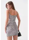 Omarı Siyah Leopar Desenli İnce Askılı Elbise