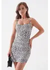 Omarı Siyah Leopar Desenli İnce Askılı Elbise