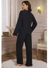 Kadın Siyah Önden Bağlamalı Kolu ve Paçası Fırfır Detaylı Uzun Kollu Pijama Takımı