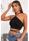 Omarı Siyah Çapraz Bağlamalı Crop Top Bluz