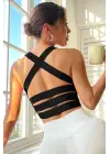 Omarı Siyah Çapraz Lastik Detaylı Crop Top Bluz