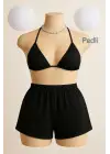 Omarı Siyah Şortlu Bağlamalı Bikini Takımı