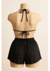 Omarı Siyah Şortlu Bağlamalı Bikini Takımı
