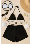 Omarı Siyah Şortlu Bağlamalı Bikini Takımı