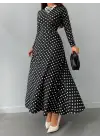 Kadın Siyah Tam Boy Beyaz Puantiyeli Elbise