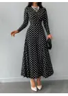 Kadın Siyah Tam Boy Beyaz Puantiyeli Elbise