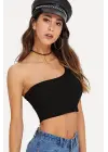 Omarı Siyah Crop Tek Omuzlu Kadın Büstiyer