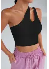 Omarı Siyah Tek Omuz Cut Out Detaylı Crop Top Bluz