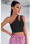 Omarı Siyah Tek Omuz Cut Out Detaylı Crop Top Bluz