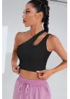 Omarı Siyah Tek Omuz Cut Out Detaylı Crop Top Bluz