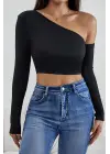 Omarı Siyah Crop Top Bluz