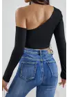 Omarı Siyah Crop Top Bluz