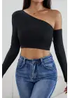 Omarı Siyah Crop Top Bluz