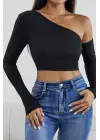 Omarı Siyah Crop Top Bluz