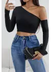 Omarı Siyah Crop Top Bluz