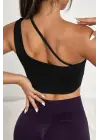Omarı Siyah Tek Omuzlu Çapraz Askılı Crop Top