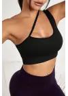 Omarı Siyah Tek Omuzlu Çapraz Askılı Crop Top