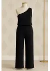 Omarı Şık Siyah Tek Omuzlu Kadın Bluzu ve Pantolon Takımı