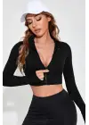 Omarı Siyah Fermuarlı Dik Yaka Crop Top Bluz