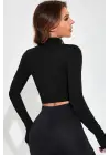 Omarı Siyah Fermuarlı Dik Yaka Crop Top Bluz