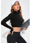 Omarı Siyah Fermuarlı Dik Yaka Crop Top Bluz