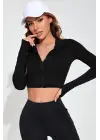 Omarı Siyah Fermuarlı Dik Yaka Crop Top Bluz