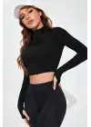 Omarı Siyah Fermuarlı Dik Yaka Crop Top Bluz