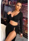 Omarı Siyah Uzun Kol Dekolteli Crop Top Bluz