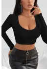 Omarı Kadın Siyah Kare Yaka Crop Top Bluz
