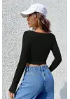 Omarı Siyah Göğüs ve Göbek Dekolteli Crop Top Bluz