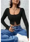 Omarı Siyah Göğüs ve Göbek Dekolteli Crop Top Bluz